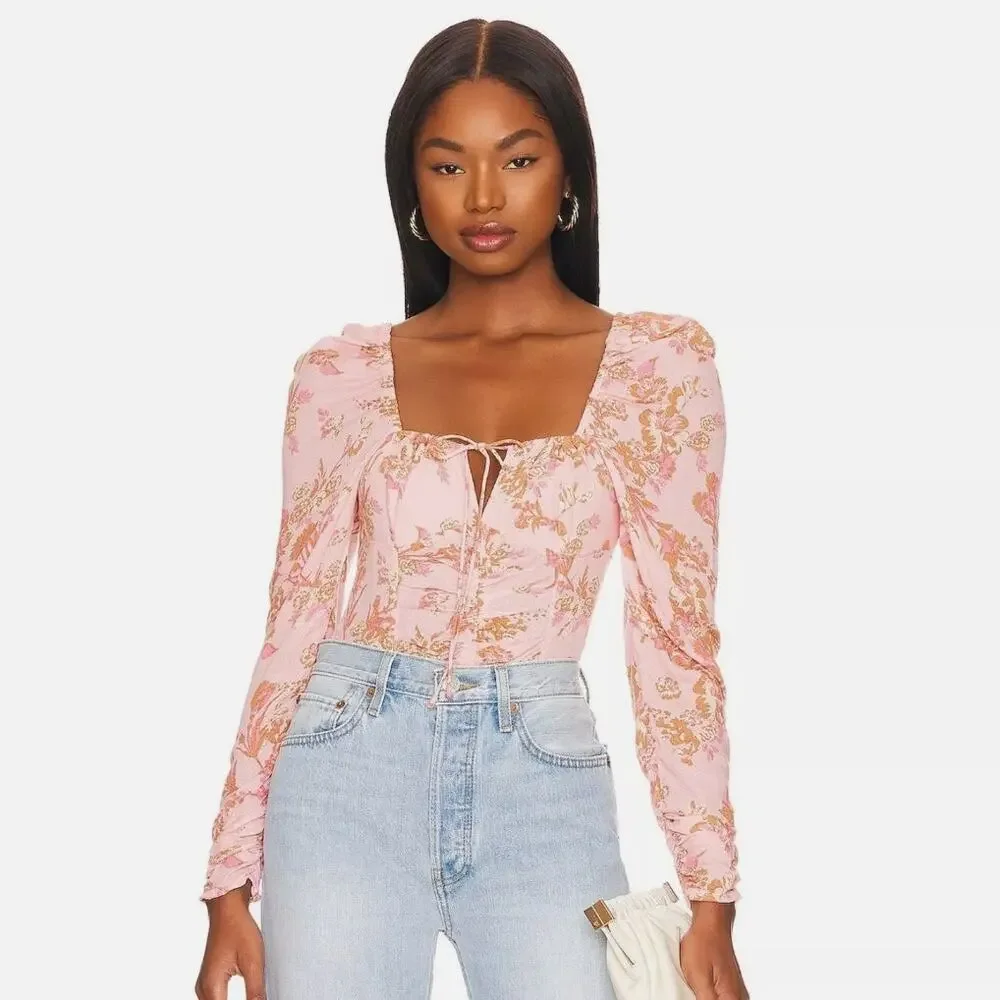 Free People Hilary Printed Floral Top Size S Pink Combo Long Sleeve Open Back
